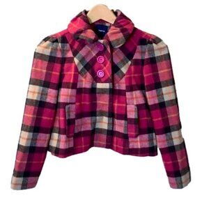 Gap Kids Girls' Pink Plaid Crop Jacket Flare Pink Black Tan Plaid Girls Medium